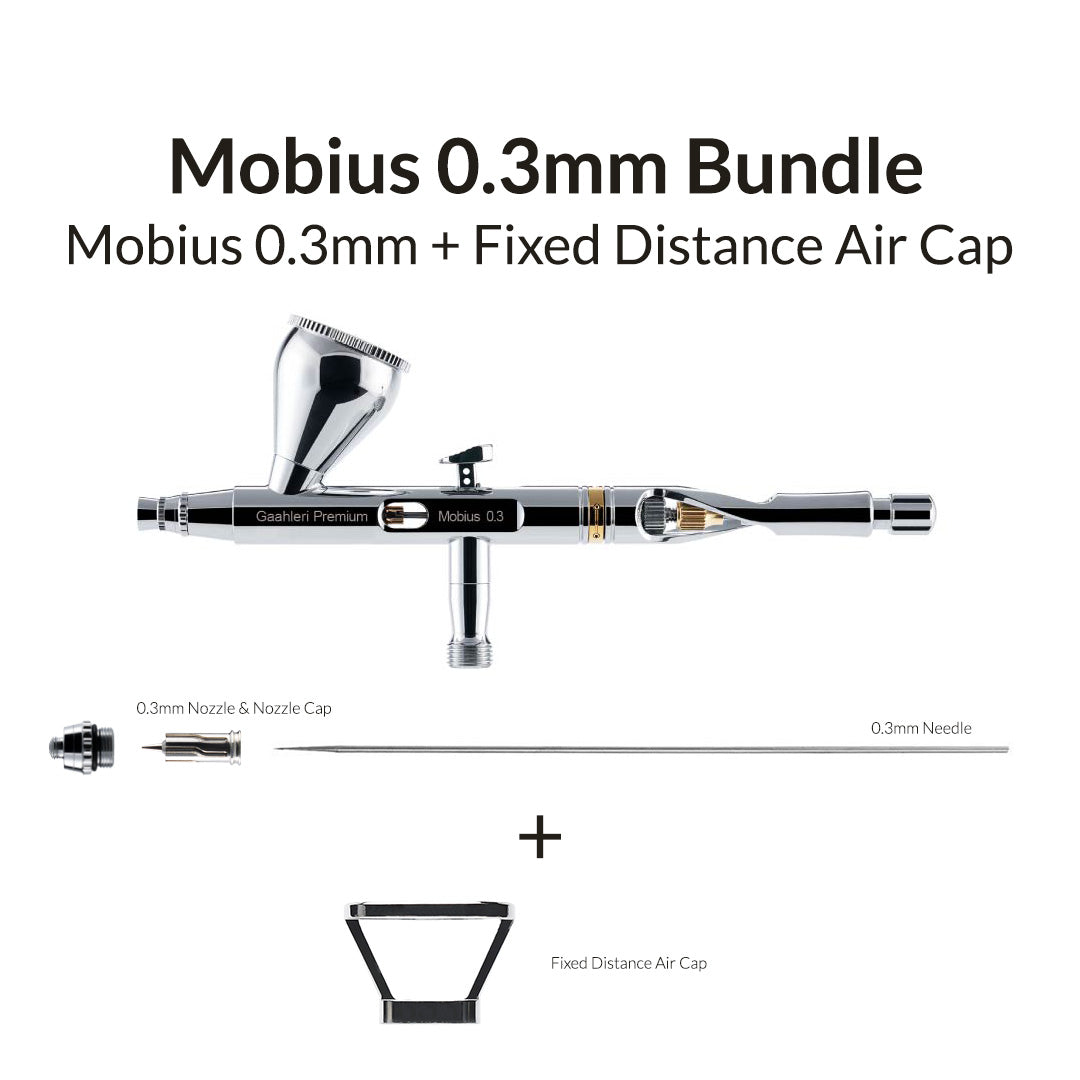 The image shows a Gaahleri Mobius 0.3mm + Distance Air Cap Bundle, which includes an airbrush with a fixed distance air cap and a replacement nozzle.