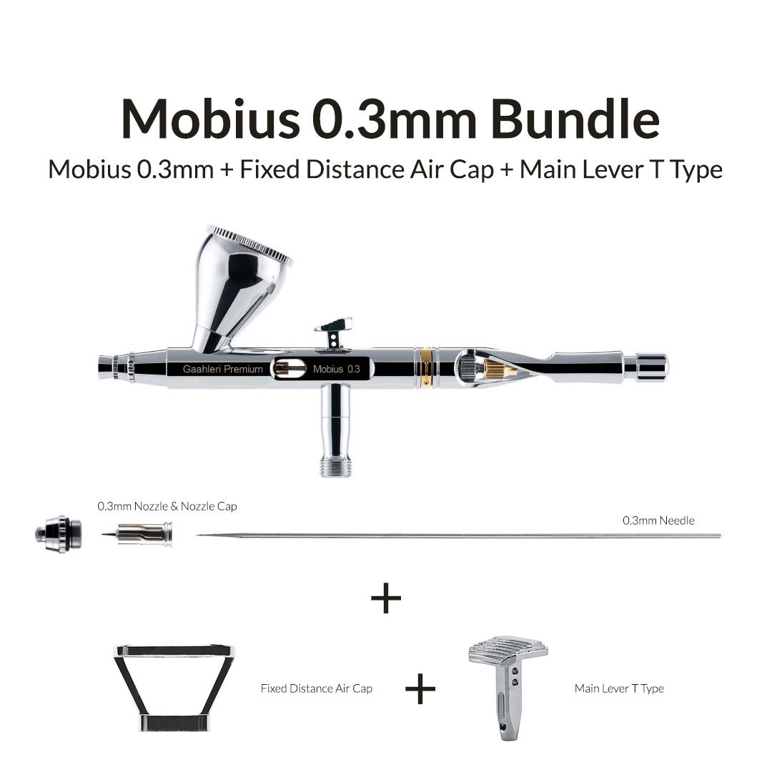 The image shows a Mobius 0.3mm airbrush tool with a fixed distance air cap and a main lever type T-handle.