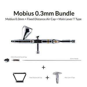 The image shows a Mobius 0.3mm airbrush tool with a fixed distance air cap and a main lever type T-handle.