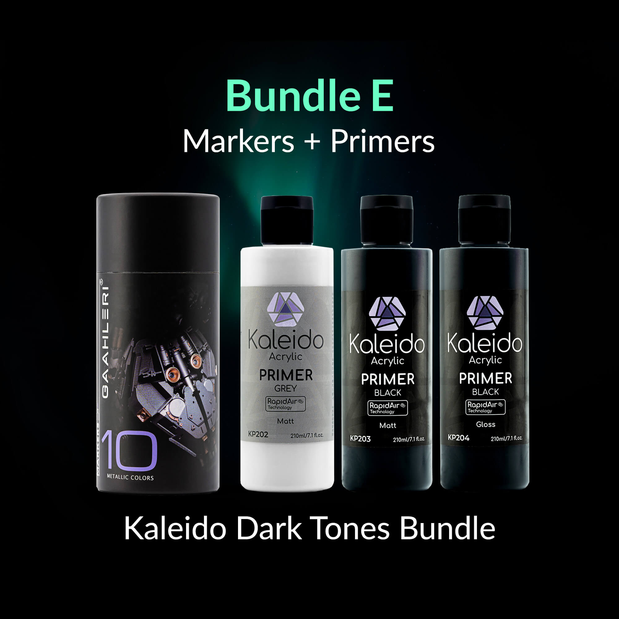 Metallic Markers Set + KP204 Gloss Black Primer + KP202 Primer Gray + KP203 Primer Black Bundle