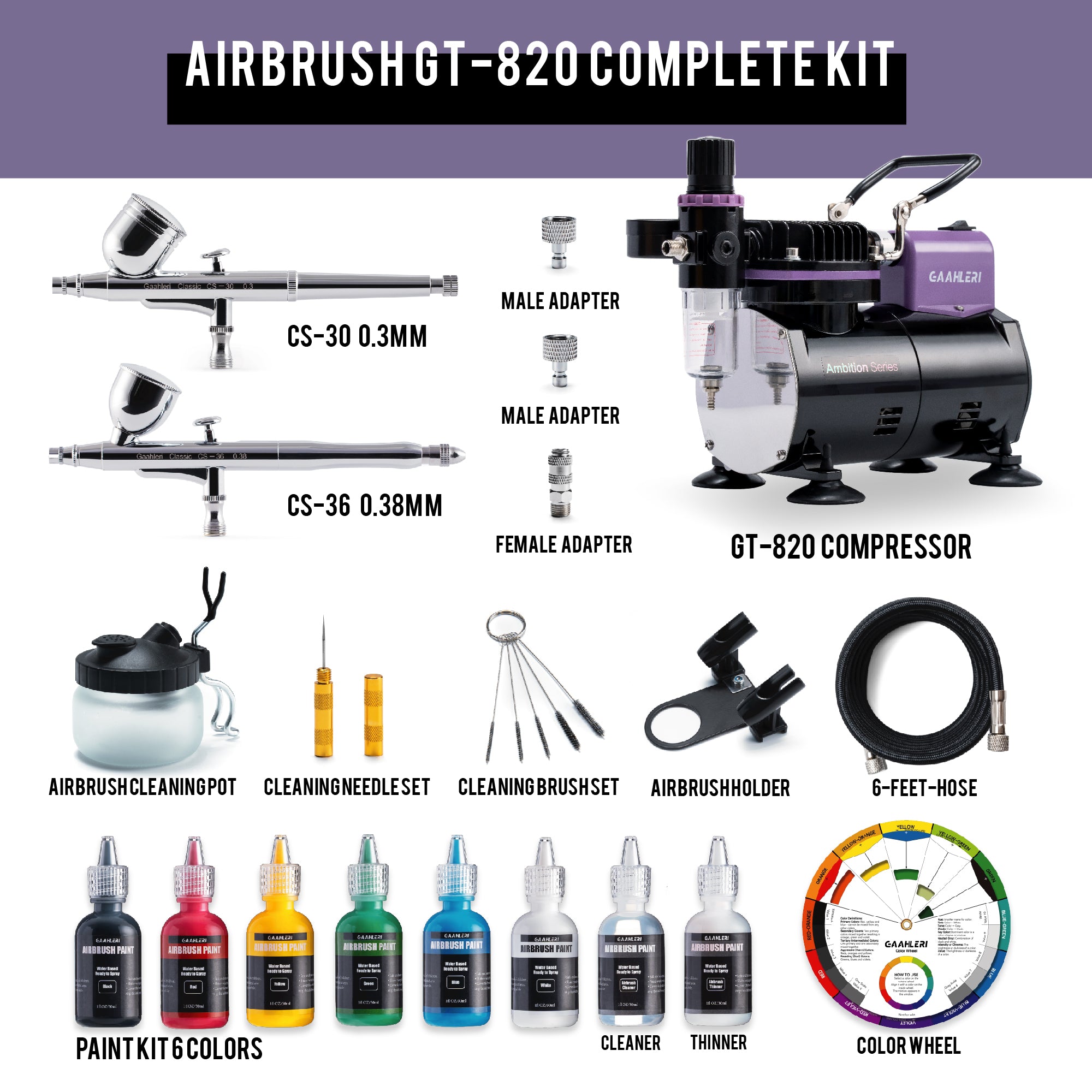 Ambition Series Airbrush Kit Compressor GT-820 | 2 Airbrushes | 6 Colors