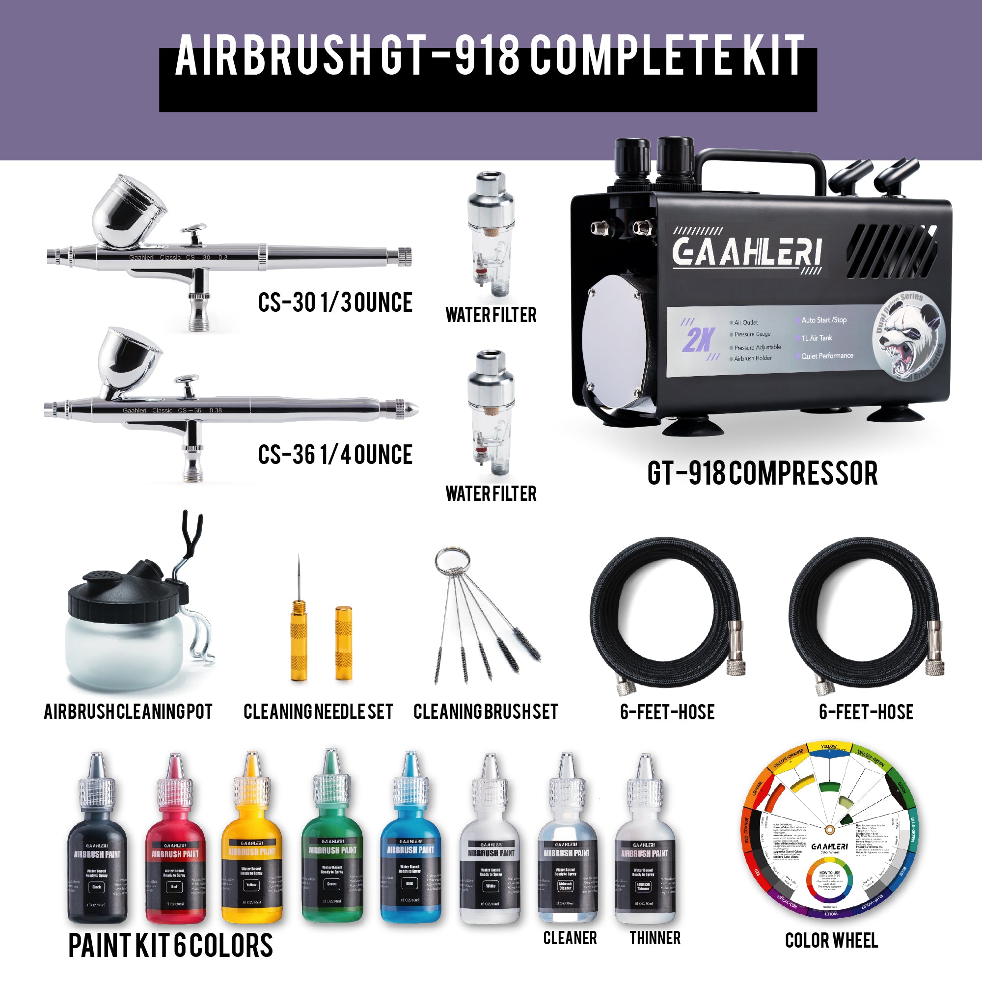 Dual Drive Series Airbrush Kit Compressor GT-918, 2 Airbrushes